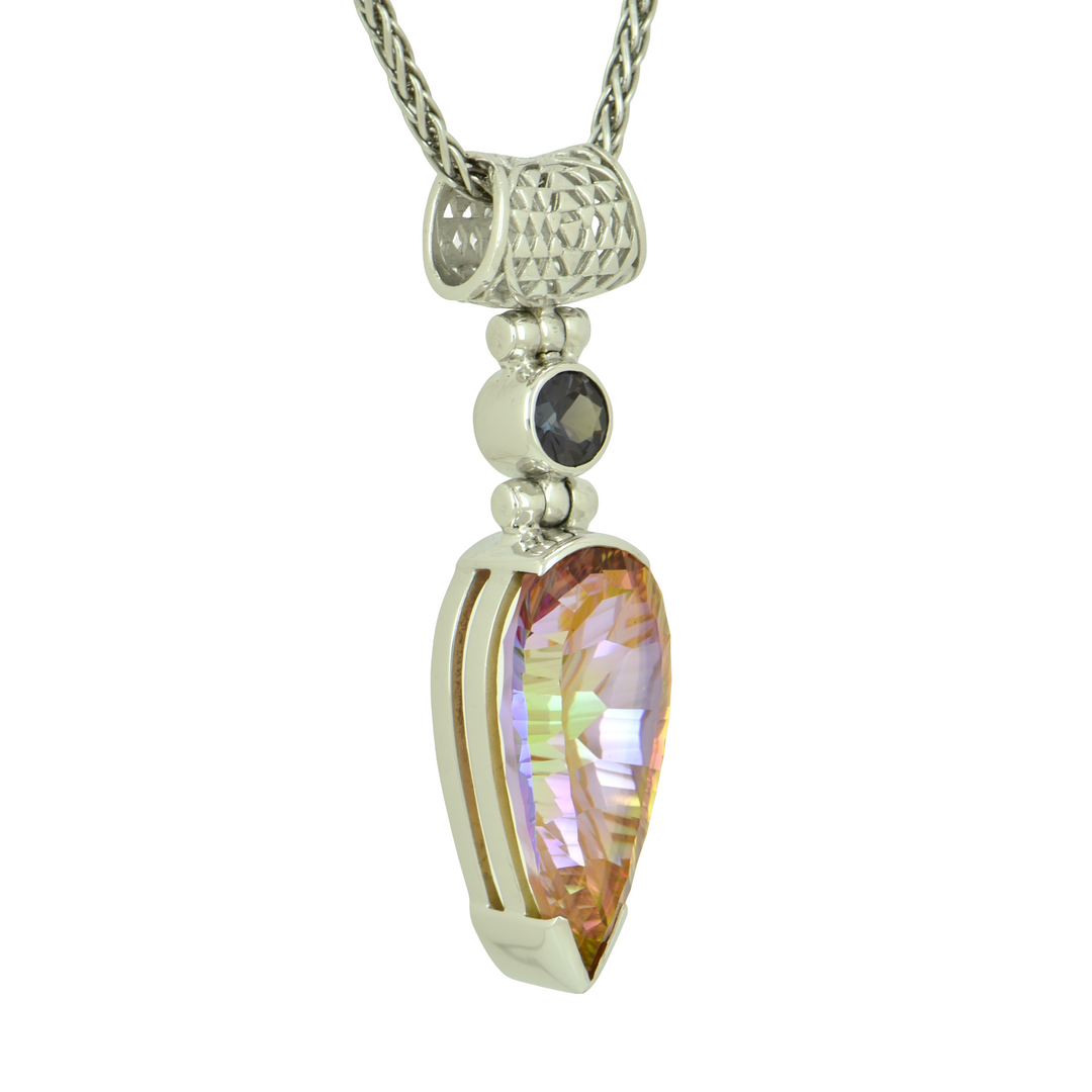 Pear Cut Sunstar Mystic Quartz Pendant, set in Sterling Silver plated in White Rhodium