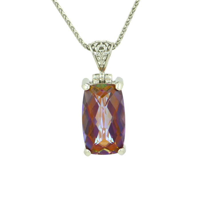 Emerald Cut Sunstar Mystic Quartz Pendant, set in Sterling Silver plated in White Rhodium