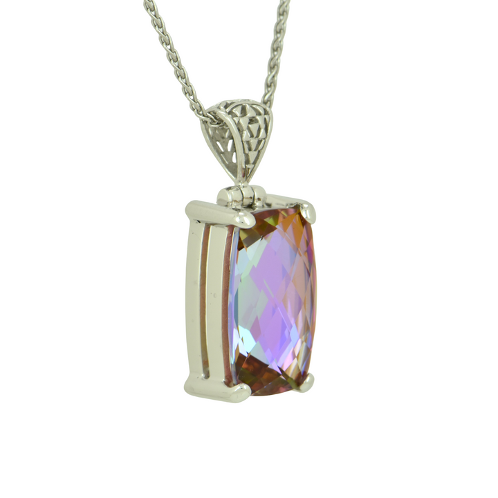 Emerald Cut Sunstar Mystic Quartz Pendant, set in Sterling Silver plated in White Rhodium