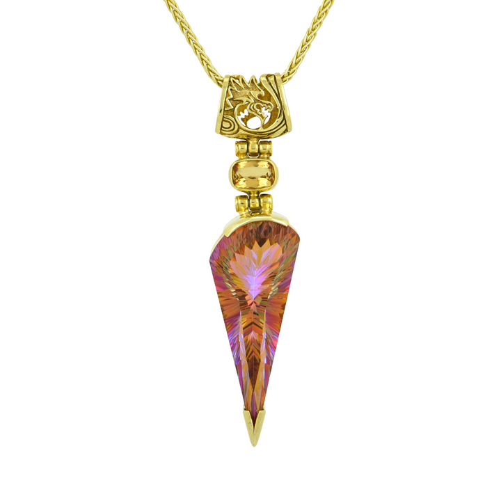 Fan Shape Sunstar Mystic Quartz Pendant, set in Sterling Silver plated in Yellow Gold