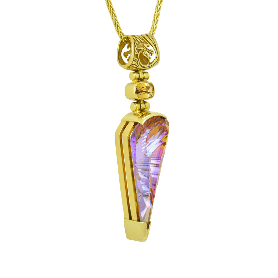 Fan Shape Sunstar Mystic Quartz Pendant, set in Sterling Silver plated in Yellow Gold