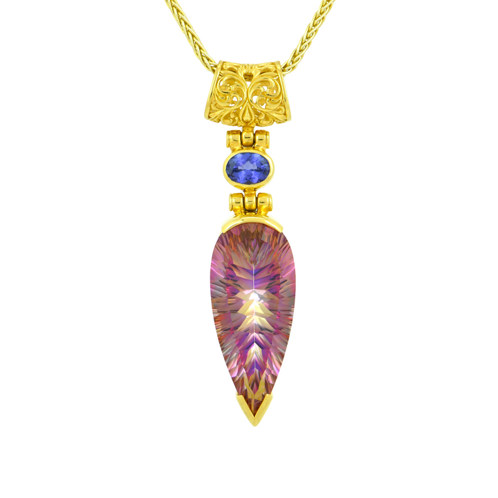 Pear Cut Sunstar Mystic Quartz Pendant, set in Sterling Silver plated in Yellow Gold