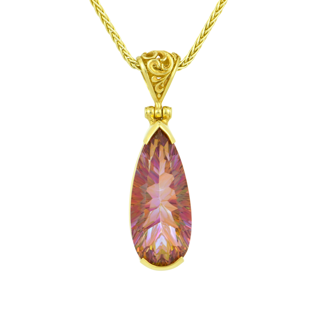 Pear Cut Sunstar Mystic Quartz Pendant, set in Sterling Silver plated in Yellow Gold