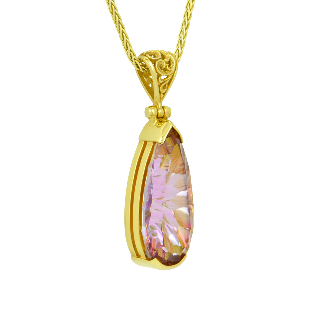 Pear Cut Sunstar Mystic Quartz Pendant, set in Sterling Silver plated in Yellow Gold
