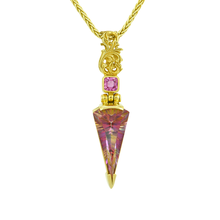 Fan Shape Sunstar Mystic Quartz Pendant, set in Sterling Silver plated in Yellow Gold