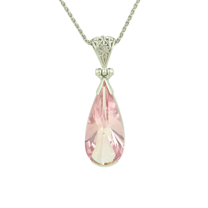 Pear Cut Imperial Pink Sapphire Pendant, set in Sterling Silver plated in White Rhodium