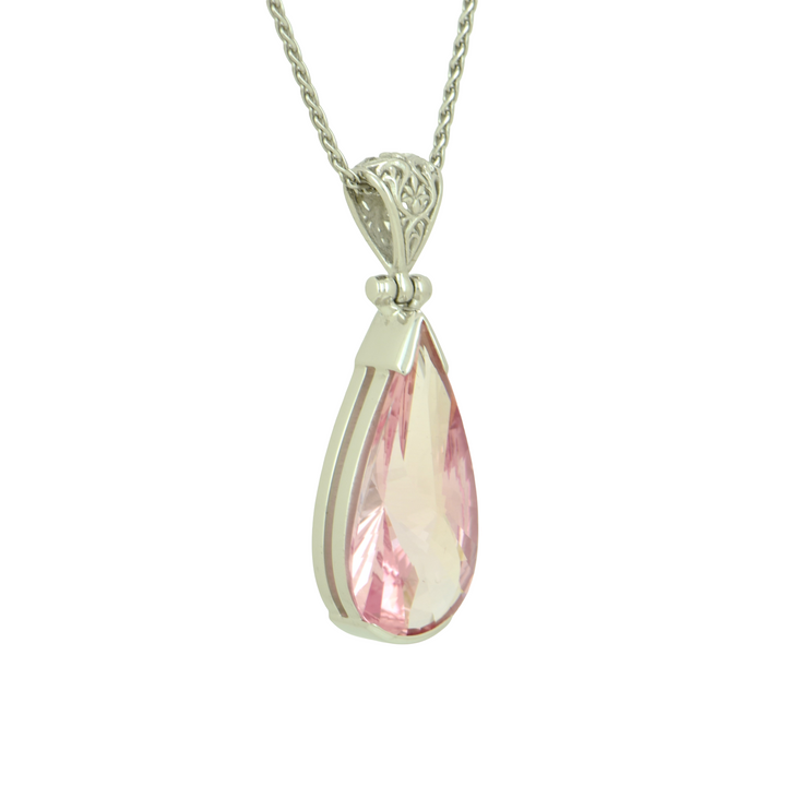 Pear Cut Imperial Pink Sapphire Pendant, set in Sterling Silver plated in White Rhodium