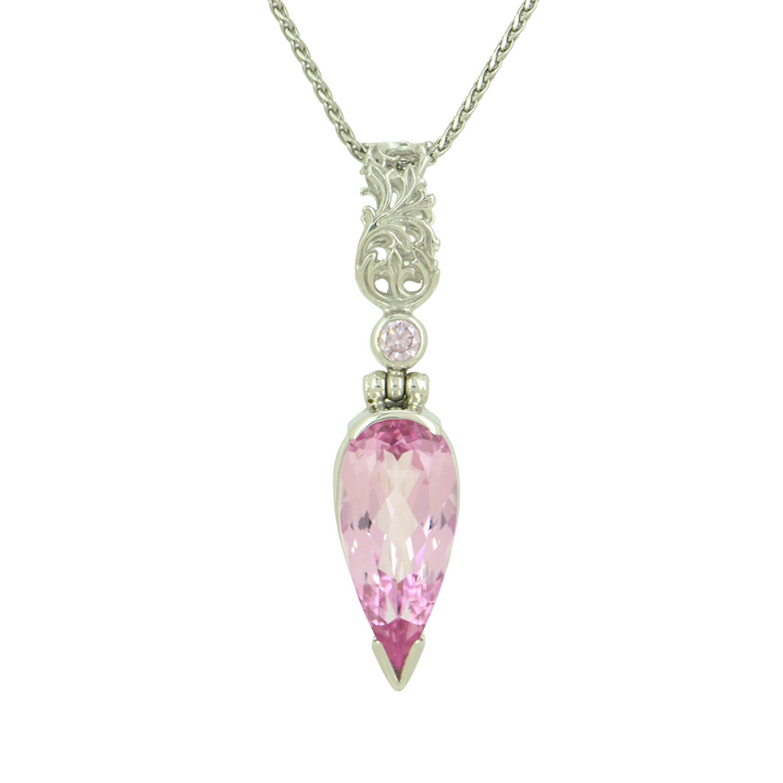 Pear Cut Imperial Pink Sapphire Pendant, set in Sterling Silver plated in White Rhodium