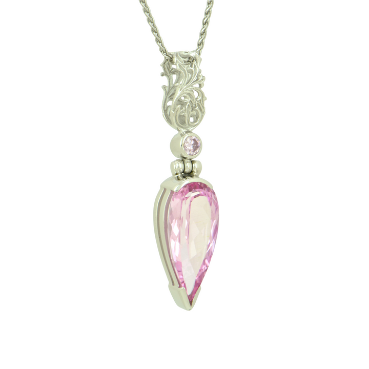 Pear Cut Imperial Pink Sapphire Pendant, set in Sterling Silver plated in White Rhodium