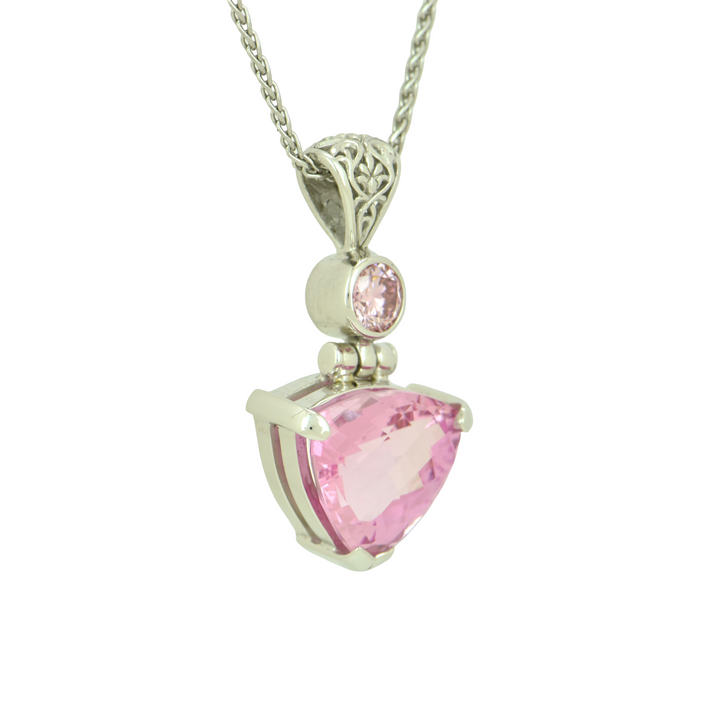 Trillion Imperial Pink Sapphire Pendant, set in Sterling Silver plated in White Rhodium