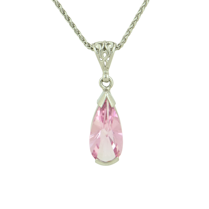 Pear Cut Imperial Pink Sapphire Pendant, set in Sterling Silver plated in White Rhodium