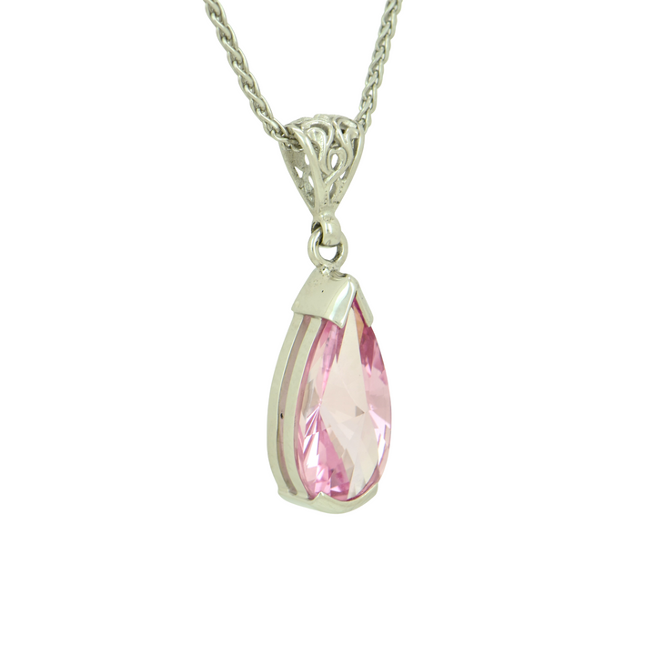 Pear Cut Imperial Pink Sapphire Pendant, set in Sterling Silver plated in White Rhodium