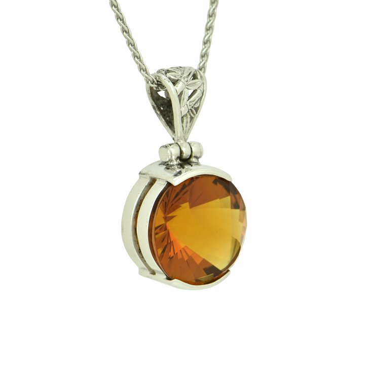 Round Golden Hydro Quartz Pendant, set in Sterling Silver plated in White Rhodium