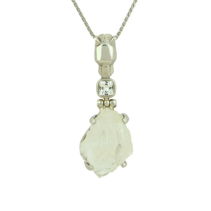 Raw Cut Petalite Pendant, set in Sterling Silver plated in White Rhodium
