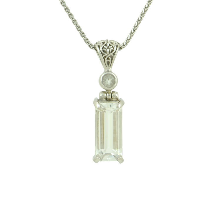 Emerald Cut Petalite Pendant, set in Sterling Silver plated in White Rhodium