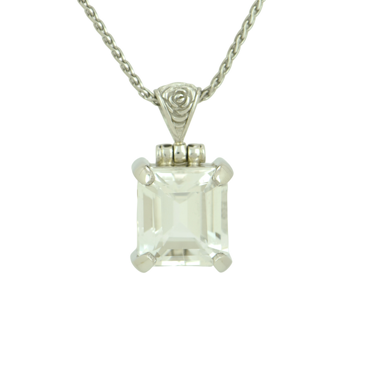 Emerald Cut Petalite Pendant, set in Sterling Silver plated in White Rhodium