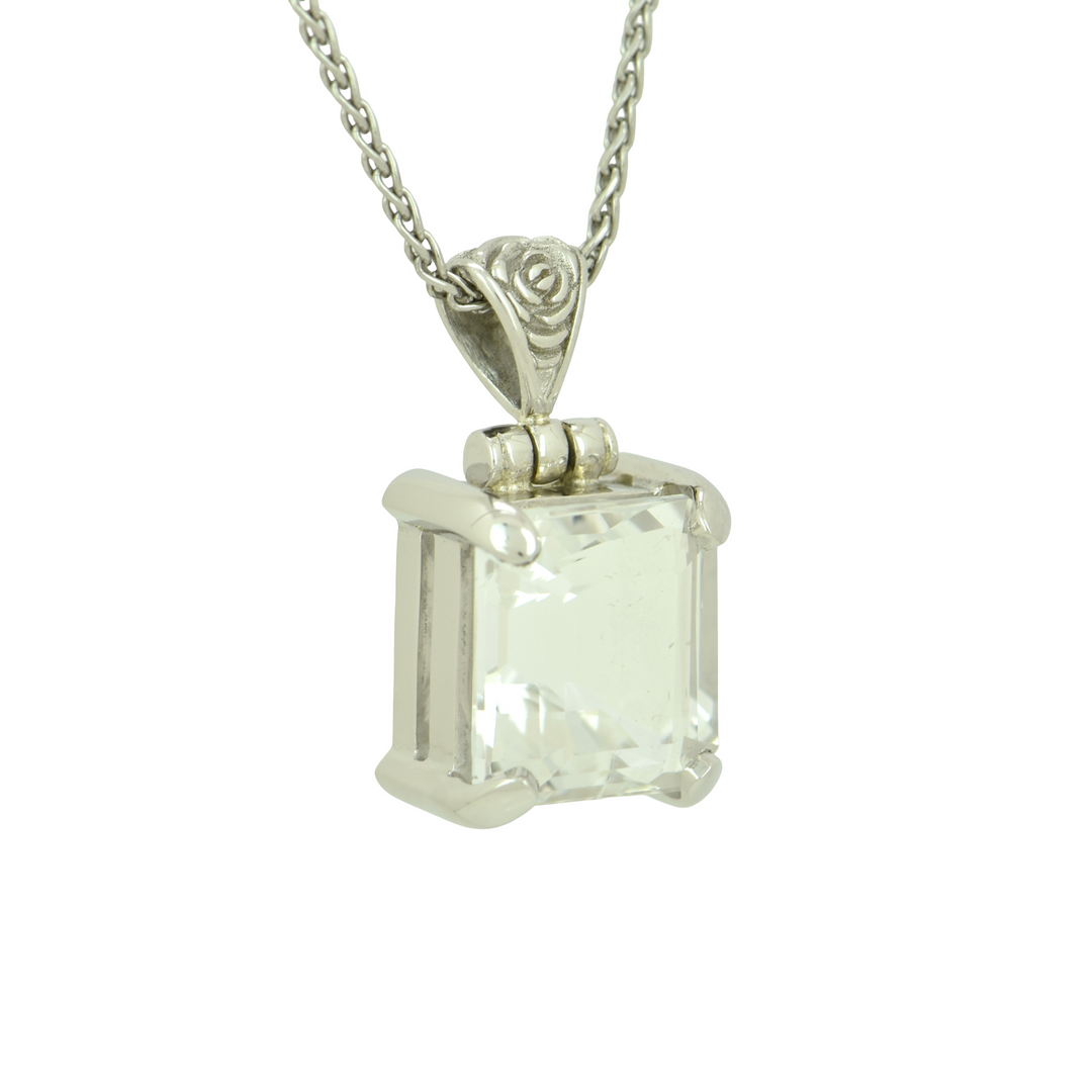 Emerald Cut Petalite Pendant, set in Sterling Silver plated in White Rhodium