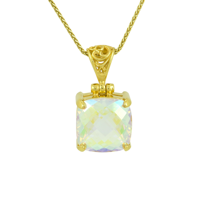 Cushion Cut Angel Aura Amour Mystic Quartz Pendant, set in Sterling Silver plated in Yellow Gold