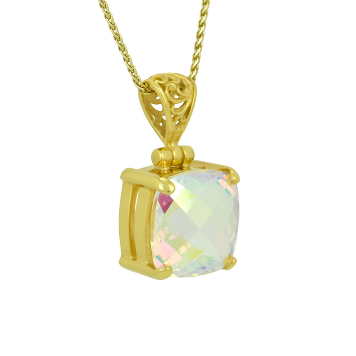 Cushion Cut Angel Aura Amour Mystic Quartz Pendant, set in Sterling Silver plated in Yellow Gold