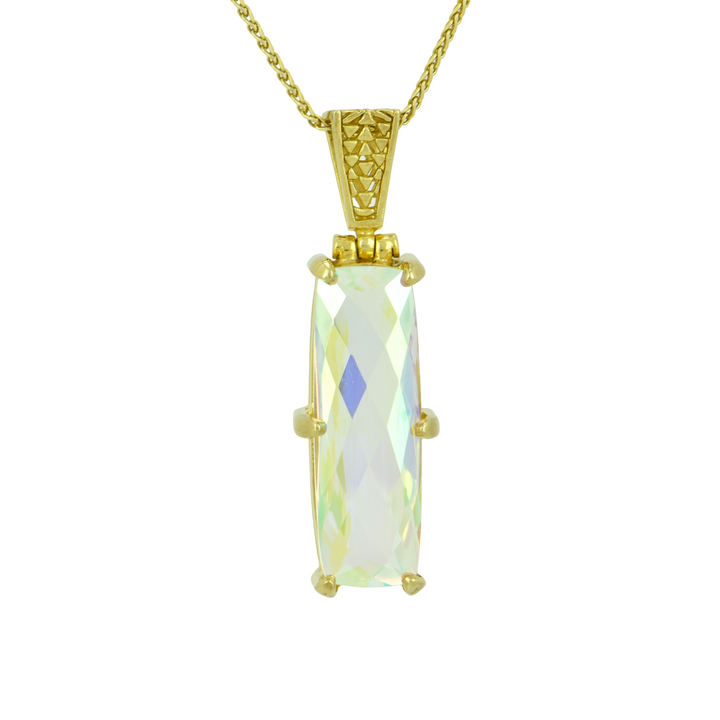 Emerald Cut Angel Aura Amour Mystic Quartz Pendant, set in Sterling Silver plated in Yellow Gold