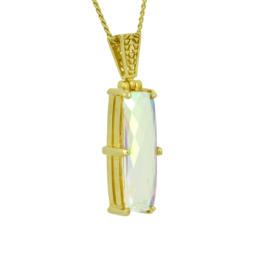 Emerald Cut Angel Aura Amour Mystic Quartz Pendant, set in Sterling Silver plated in Yellow Gold
