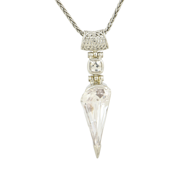 Fan Shape White Sapphire Pendant, set in Sterling Silver plated in White Rhodium