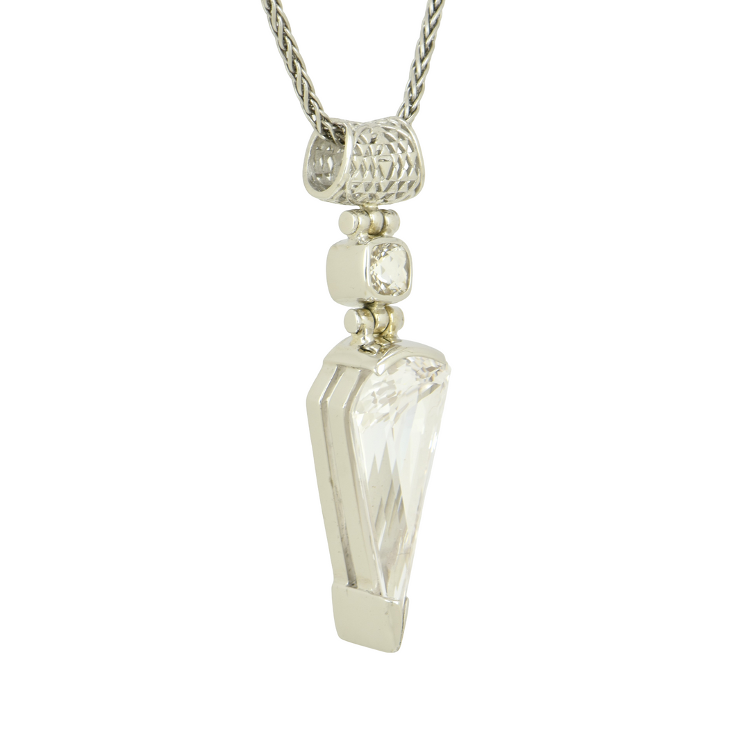 Fan Shape White Sapphire Pendant, set in Sterling Silver plated in White Rhodium