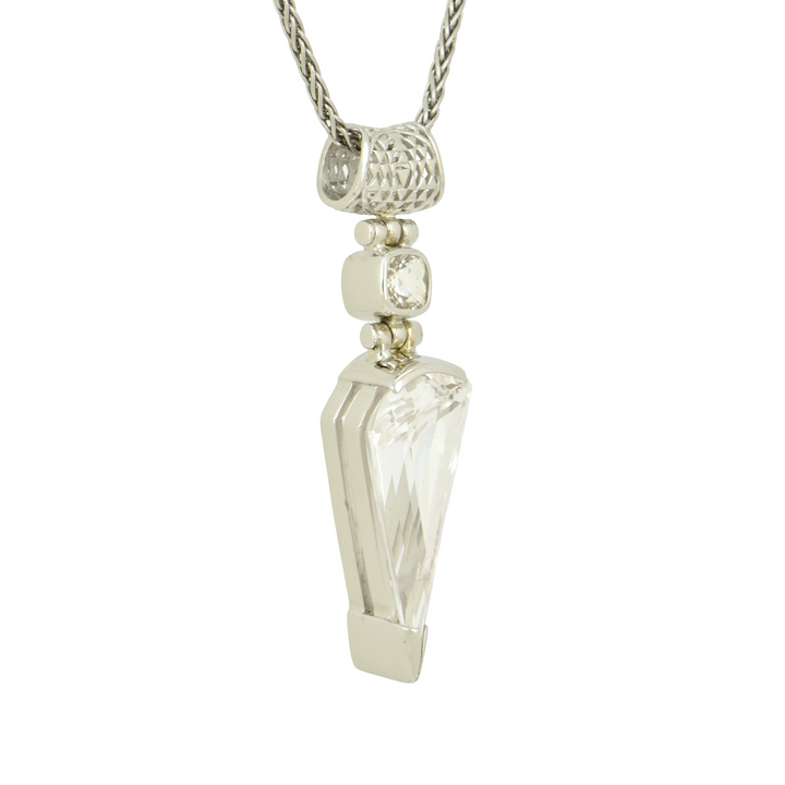 Fan Shape White Sapphire Pendant, set in Sterling Silver plated in White Rhodium