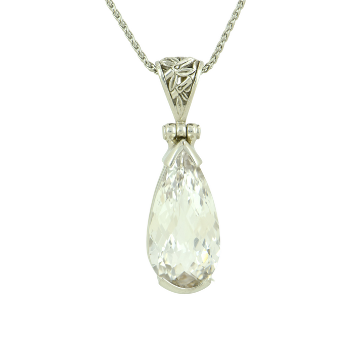 Pear Cut White Sapphire Pendant, set in Sterling Silver plated in White Rhodium