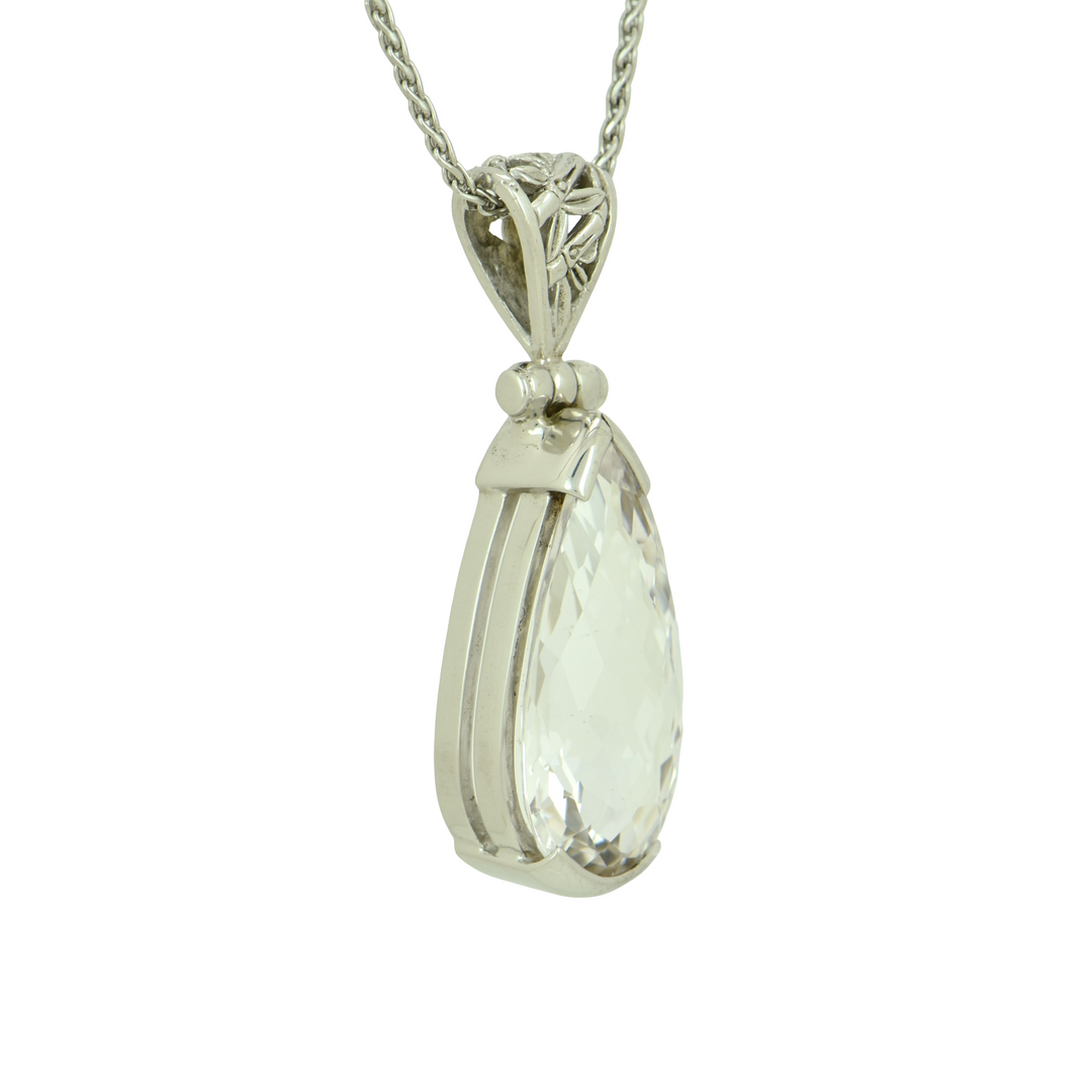 Pear Cut White Sapphire Pendant, set in Sterling Silver plated in White Rhodium