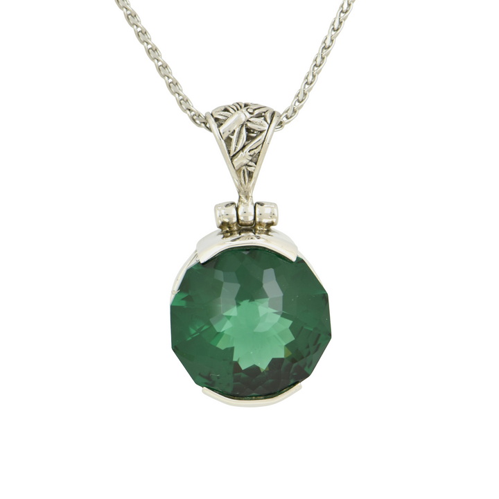 Round Green Hydro Quartz Pendant, set in Sterling Silver plated in White Rhodium