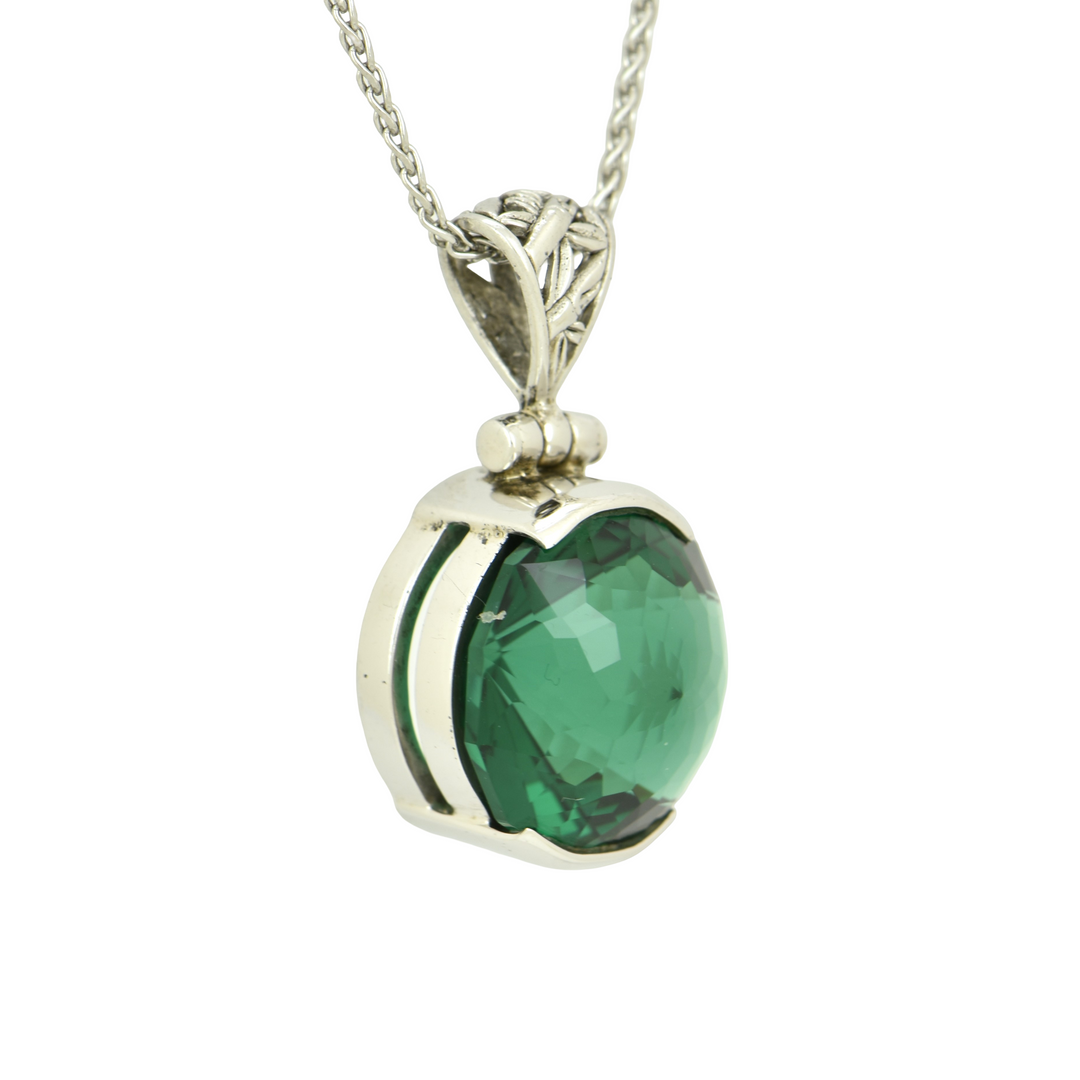 Round Green Hydro Quartz Pendant, set in Sterling Silver plated in White Rhodium