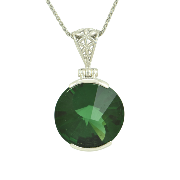 Round Green Hydro Quartz Pendant, set in Sterling Silver plated in White Rhodium
