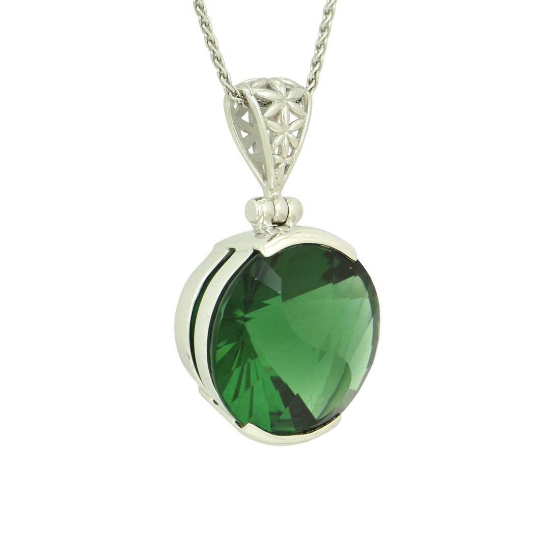 Round Green Hydro Quartz Pendant, set in Sterling Silver plated in White Rhodium