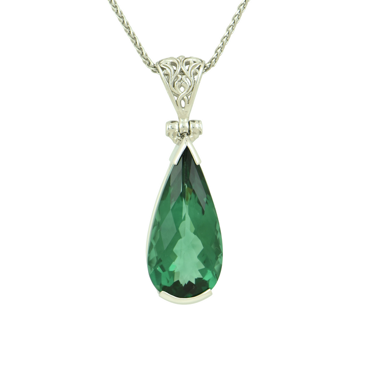 Pear Cut Green Hydro Quartz Pendant, set in Sterling Silver plated in White Rhodium