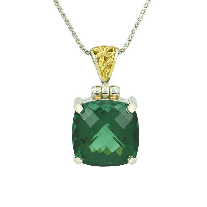 Cushion Cut Green Hydro Quartz Pendant, set in Sterling Silver plated in White Rhodium