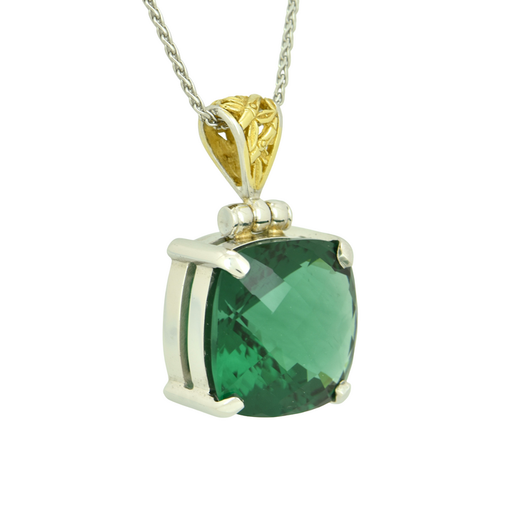 Cushion Cut Green Hydro Quartz Pendant, set in Sterling Silver plated in White Rhodium