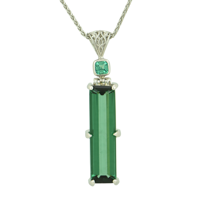 Emerald Cut Green Hydro Quartz Pendant, set in Sterling Silver plated in White Rhodium