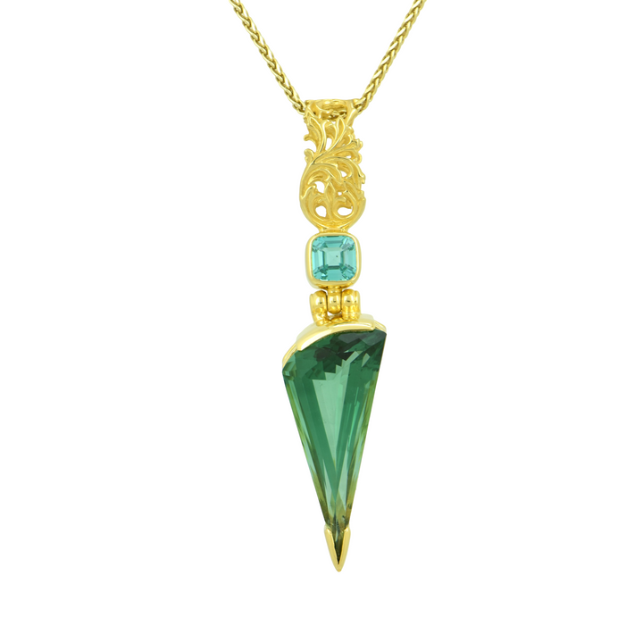 Fan Shape Green Hydro Quartz Pendant, set in Sterling Silver plated in Yellow Gold