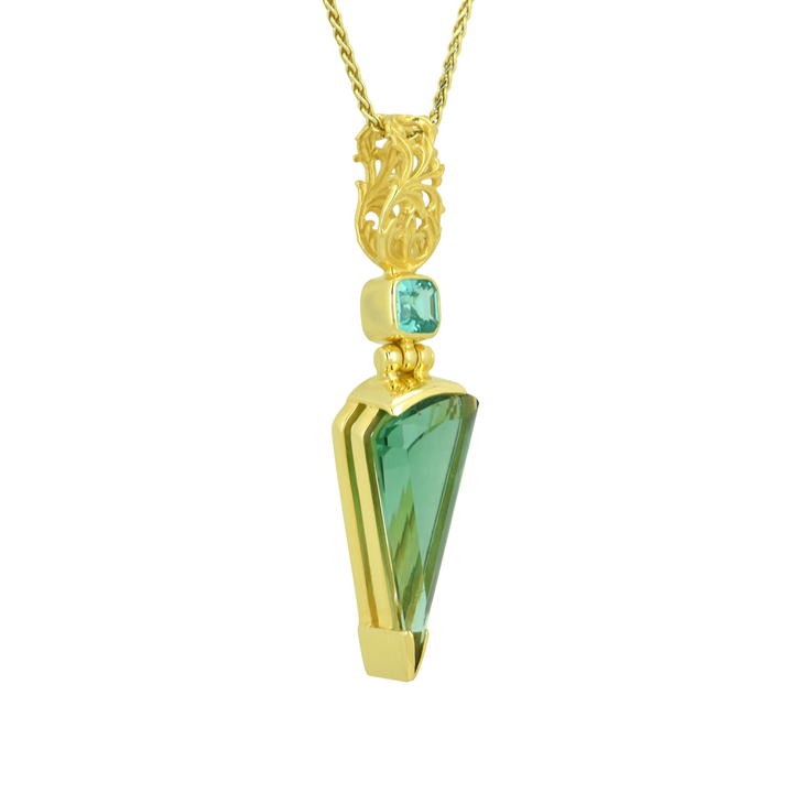 Fan Shape Green Hydro Quartz Pendant, set in Sterling Silver plated in Yellow Gold