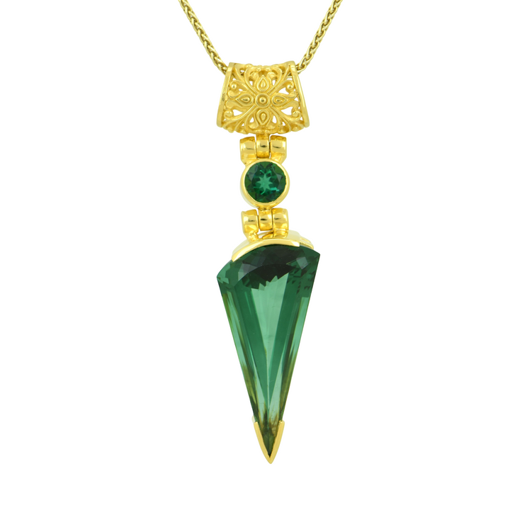 Fan Shape Green Hydro Quartz Pendant, set in Sterling Silver plated in Yellow Gold