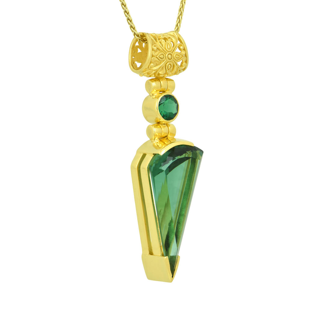 Fan Shape Green Hydro Quartz Pendant, set in Sterling Silver plated in Yellow Gold