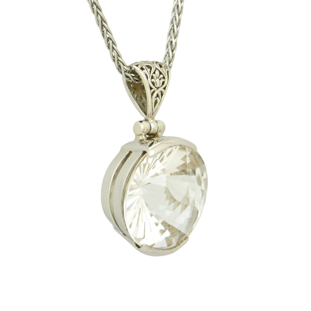 Round White Sapphire Pendant, set in Sterling Silver plated in White Rhodium