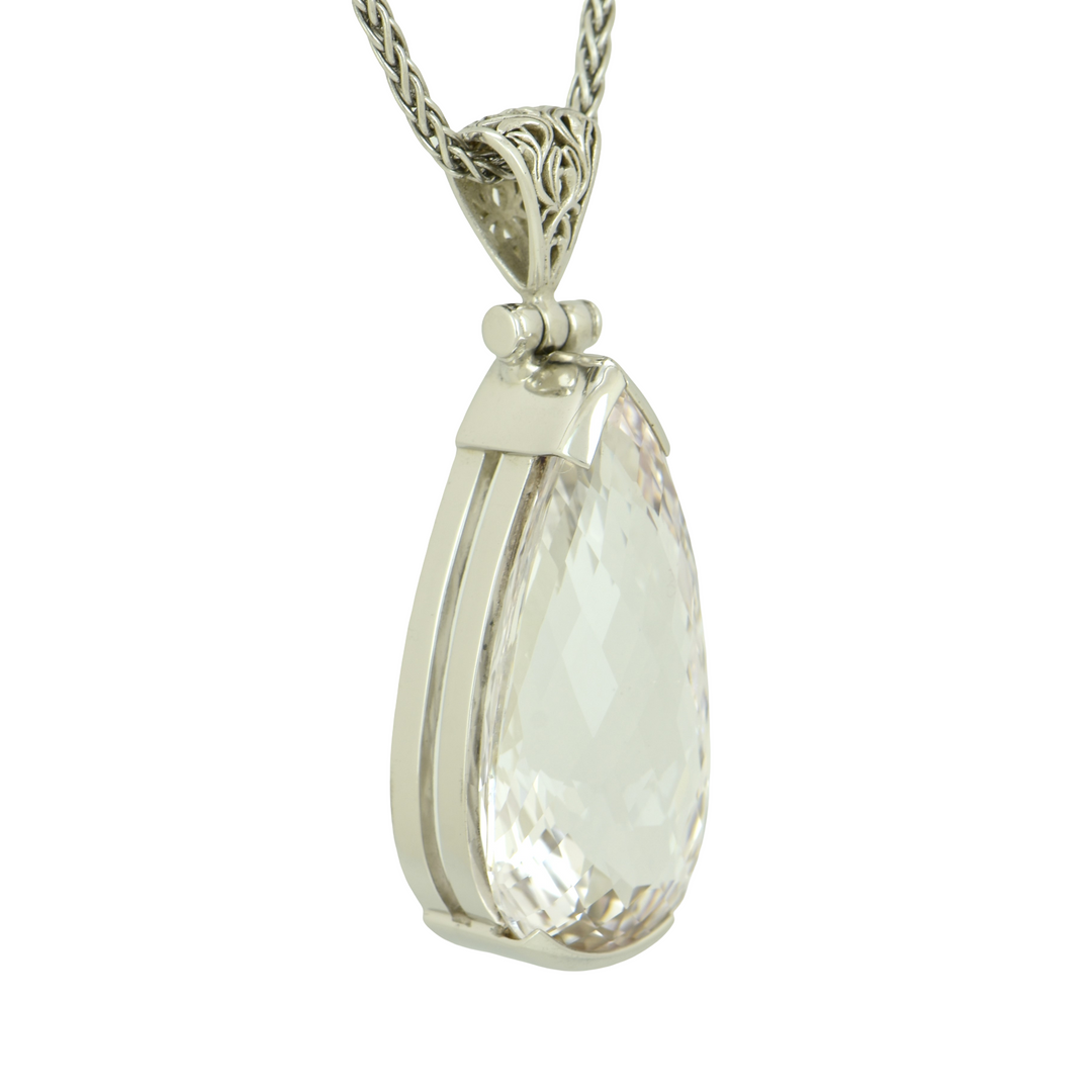 Pear Cut White Sapphire Pendant, set in Sterling Silver plated in White Rhodium
