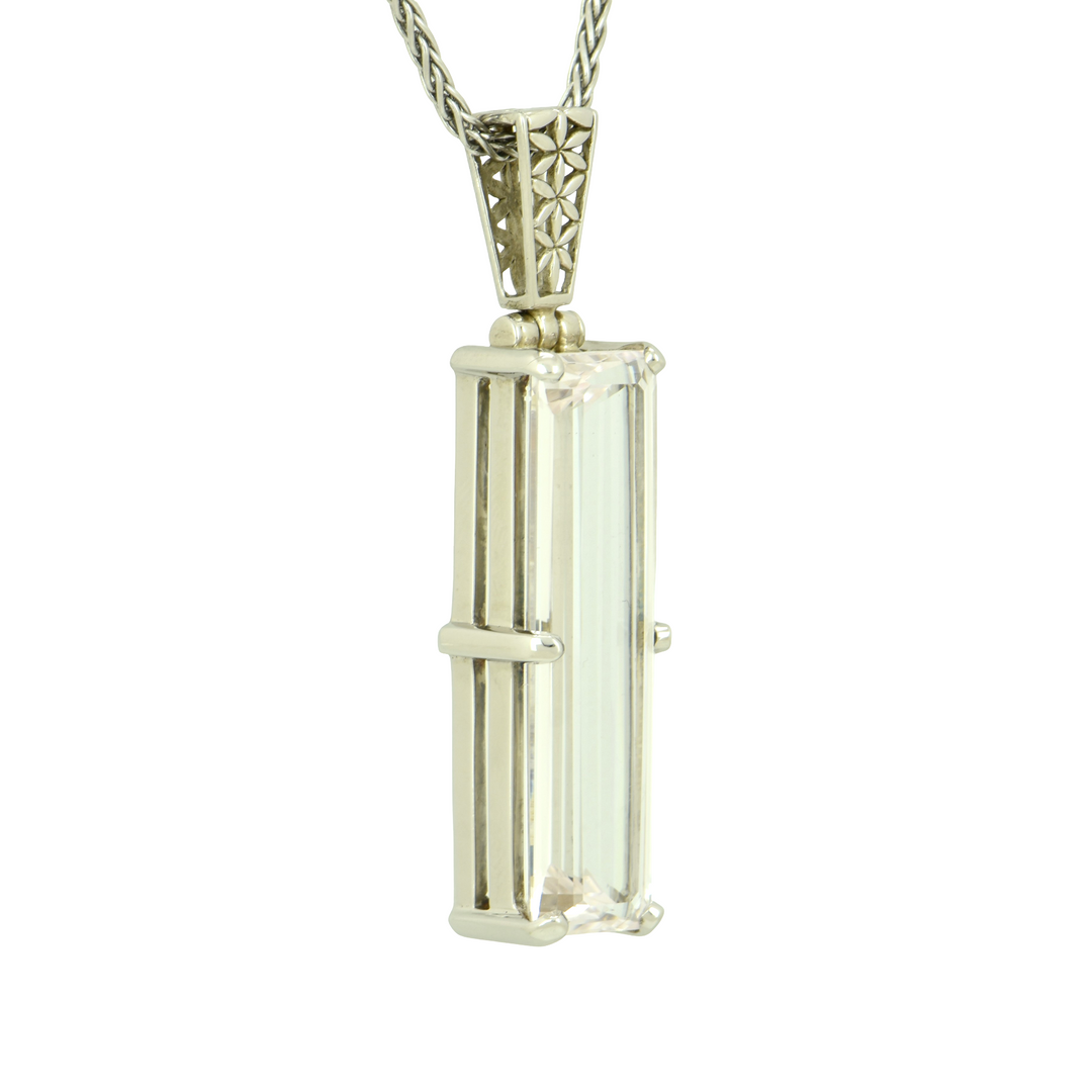 Emerald Cut White Sapphire Pendant, set in Sterling Silver plated in White Rhodium