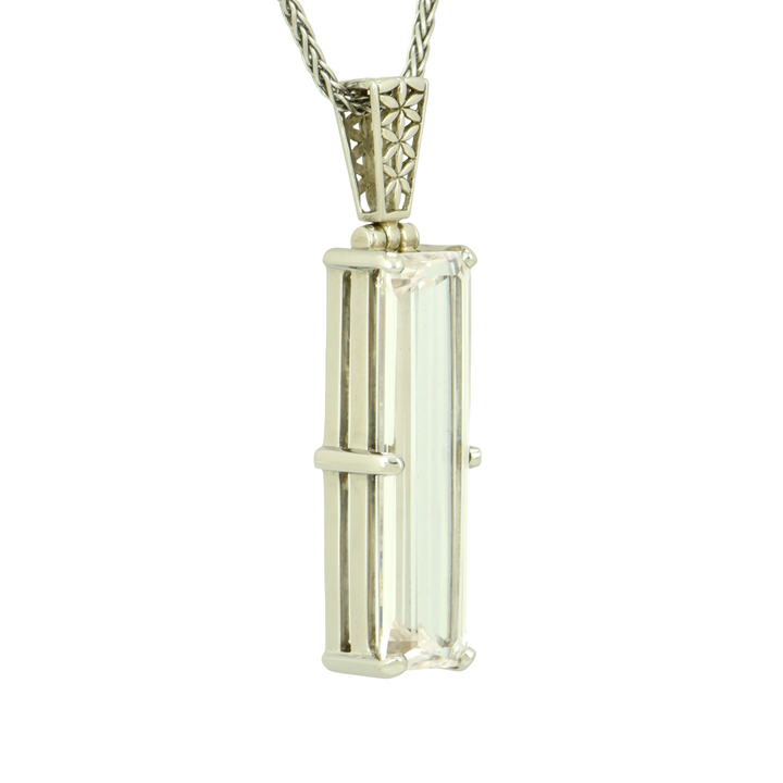 Emerald Cut White Sapphire Pendant, set in Sterling Silver plated in White Rhodium