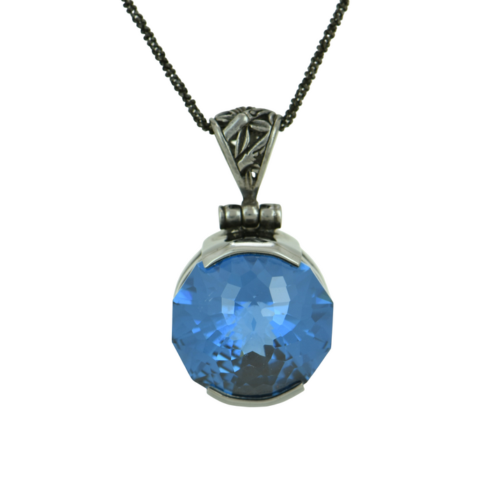 Round Blue Green Spinel Pendant, set in Sterling Silver plated in Black Rhodium