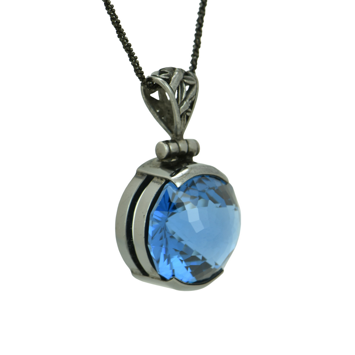 Round Blue Green Spinel Pendant, set in Sterling Silver plated in Black Rhodium