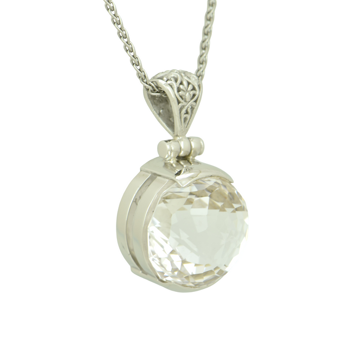 Round White Sapphire Pendant, set in Sterling Silver plated in White Rhodium