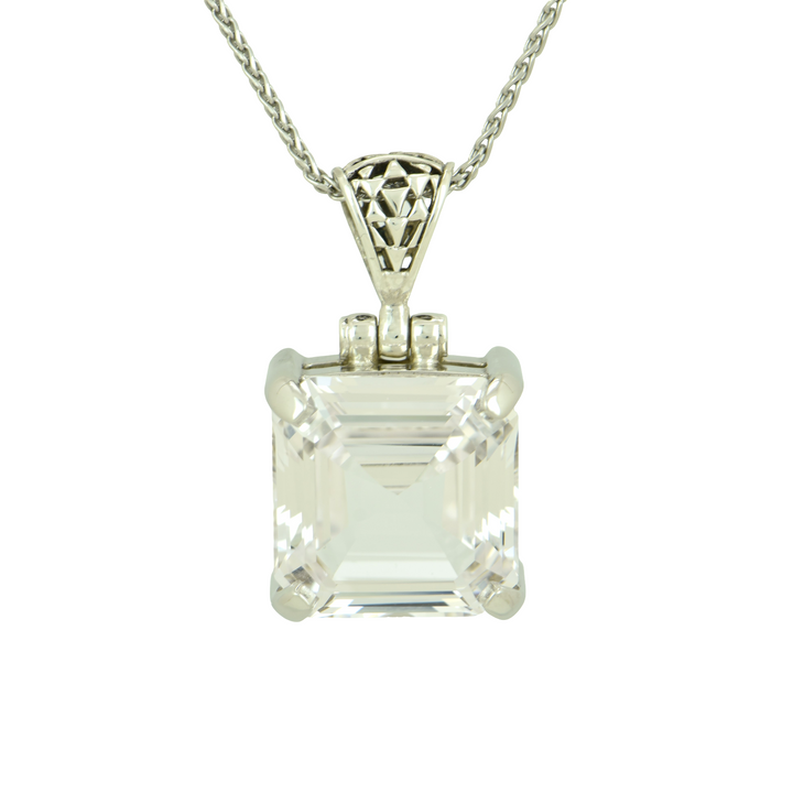 White Sapphire Pendant, set in Sterling Silver plated in White Rhodium